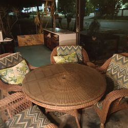Vintage 5 Piece Rattan Patio Set With Cushions By Grand Basket Company 5 Arm Chairs  1 Table & Cushions