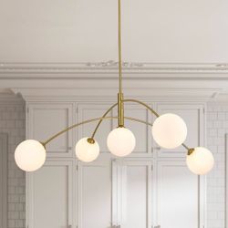 New 41.3” Gold Chandelier 5-Light Glass Globe Ceiling Light Mid Century Sputnik Adjustable Dimmable