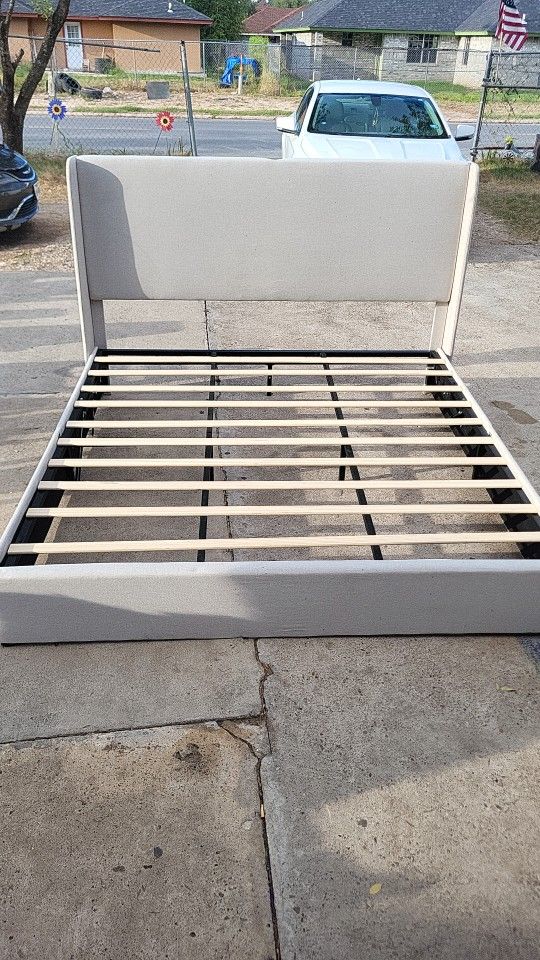New King Size Beige Storage Bed with High Wingback Headboard, no box Spring Needed