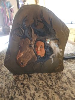 Native American Woman and Horse Relief Sculpture