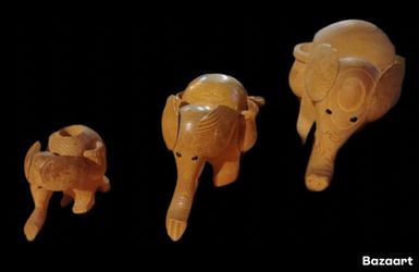 Set of 3 Carved Wooden Elephant Figurines