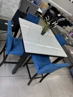 Faux Marble Top Dining Table with 4 Blue Chairs 💙💙💙