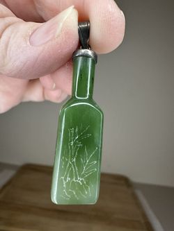 Vintage Chinese Jade Pendant with Bamboo Plant Engravings & Silver Loop