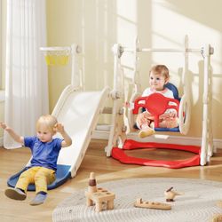 4 in 1 Toddler Slide and Swing Set, Baby Kids Slide for Age 1-3, Outdoor Indoor Playset with Basketball Hoop, Adjustable-Height Swing