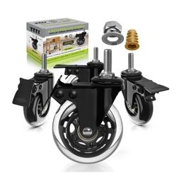 Slipstick CB693 Premium 3 Inch Rubber Caster Wheels with Brake (4 Pack) Replacement Rollerblade Style Swivel Casters with 3/8”– 16x1” Threaded Stem, I