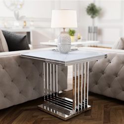 Silver End Table, 24" Glass End Table for Living Room, Modern Square Side Table with Gorgeous Mirrored Stainless Steel Base
