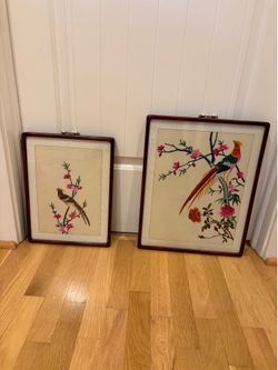 Rare Vintage Korean Silk Art, 2-Pc Set
