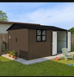 12x10 ft Metal garden sheds outdoor storage sheds brown with window with Goods Shelves