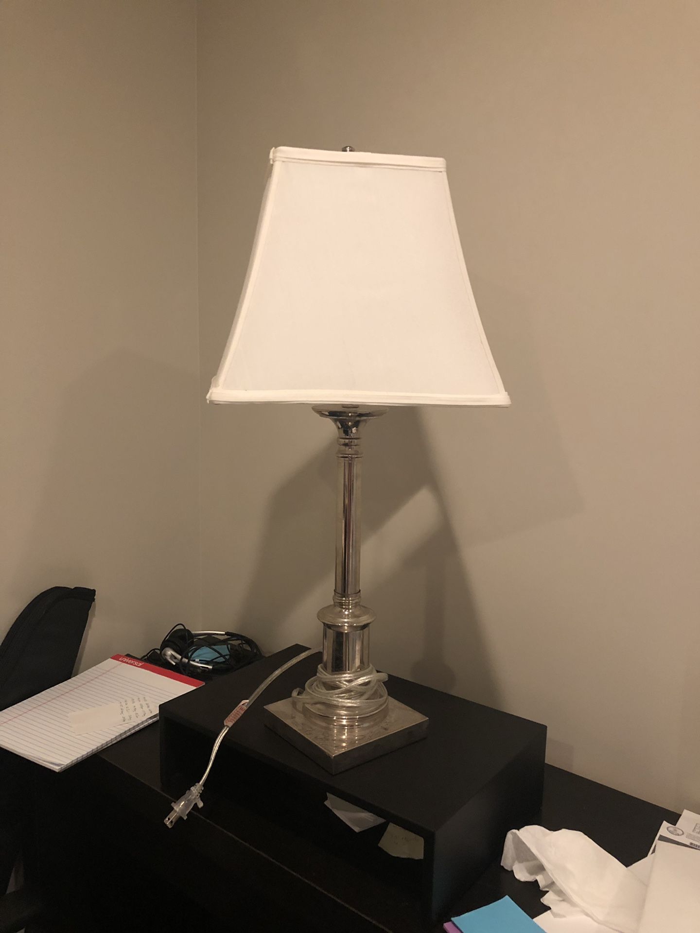 Silver lamp with white shade