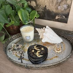 Vtg Gold Floral Glass Vanity Perfume Tray Oval Oversized Hollywood Regency Glamour Make up Cosmetic 