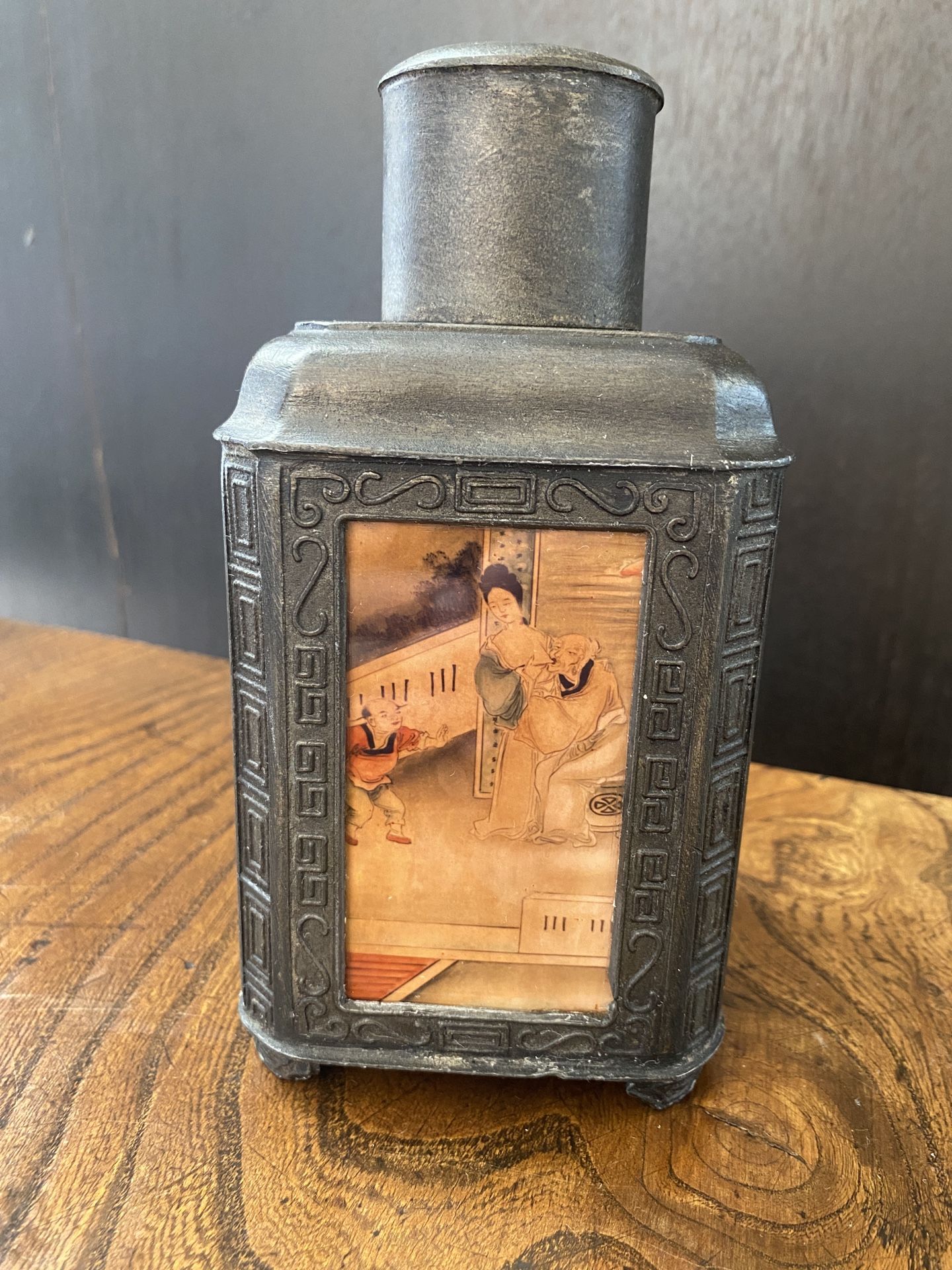 vintage pewter tea caddy,signed