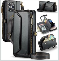 Strapurs for iPhone 14 & 14 Pro - Zipper Strap Wallet Case for Women, Black RFID Blocking 7-Card Holder, Shoulder Lanyard, Wirst Strap, Zipper Pocket,