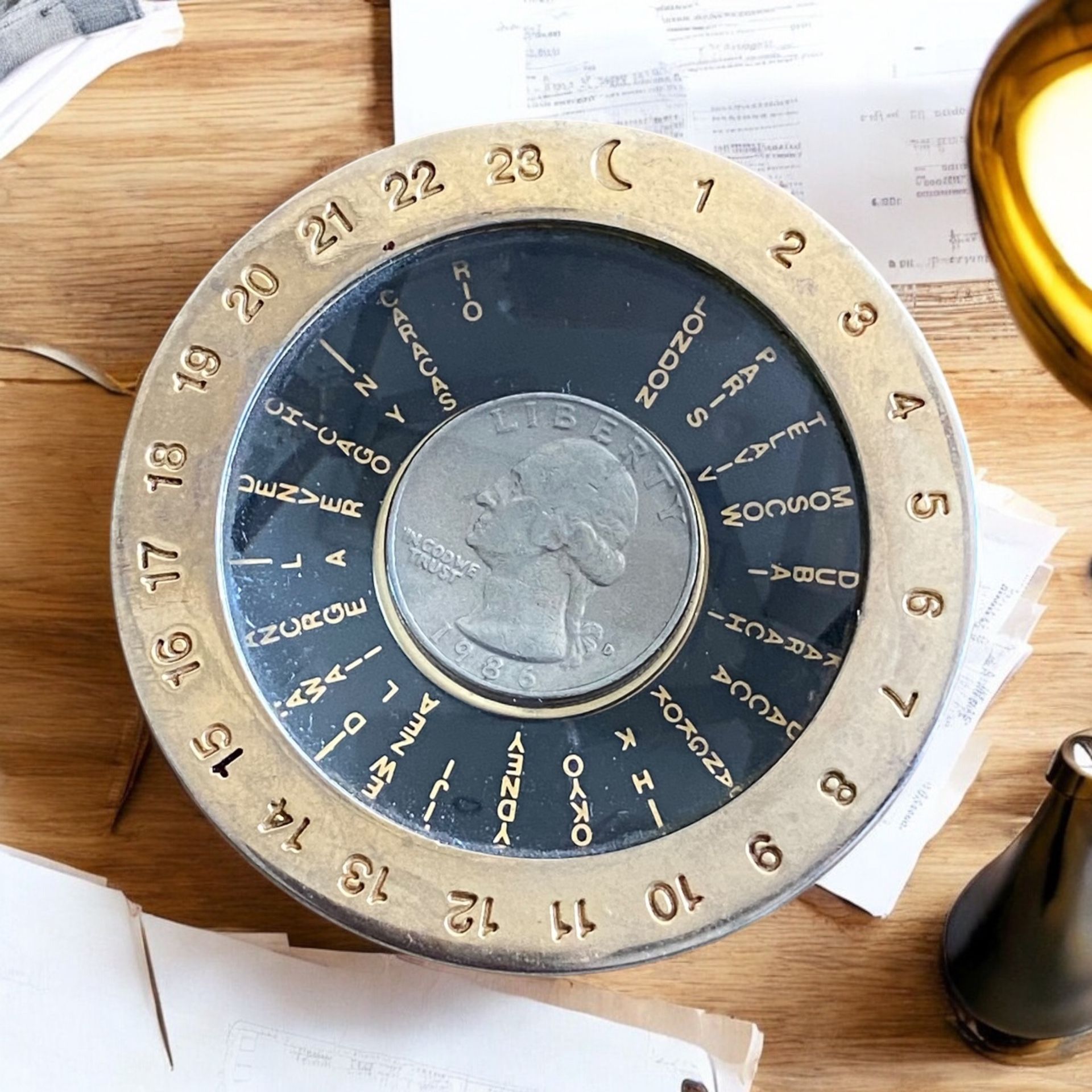 Vintage Time Zone PaperWeight In Gold Tone See Quarter For Size