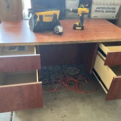 HD Garage Desk. Used As Workshop. Very Sturdy. Front Facia Missing. Top Has Stains And Blemishes