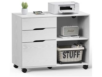 3 Drawer Rolling File Cabinet with Shelves Wood Storage Cabinet. White