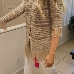 Womens INC Gold Shimmer Sweater With Tassles