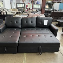 Brand New Black Leather Sleeper Sectional