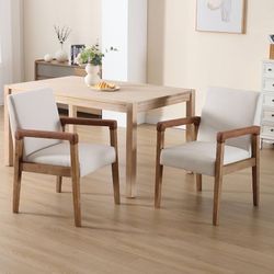  Modern Dining Chairs Set of 2 Linen Fabric Upholstered Accent Chairs Comfy Kitchen Chairs with Solid Wood Frame Armchair for Living Room, Ivory