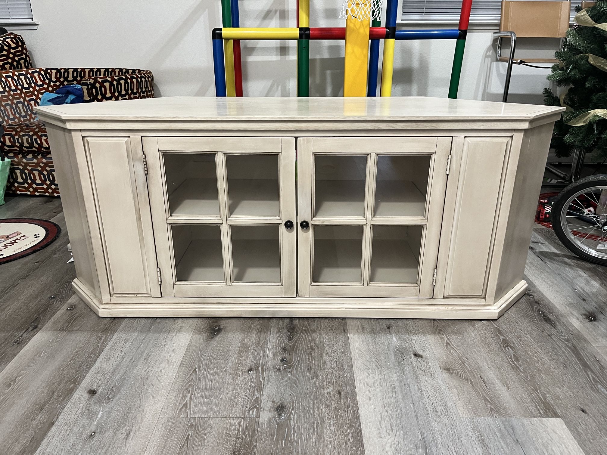 Wooden Corner TV Stand With Glass Doors