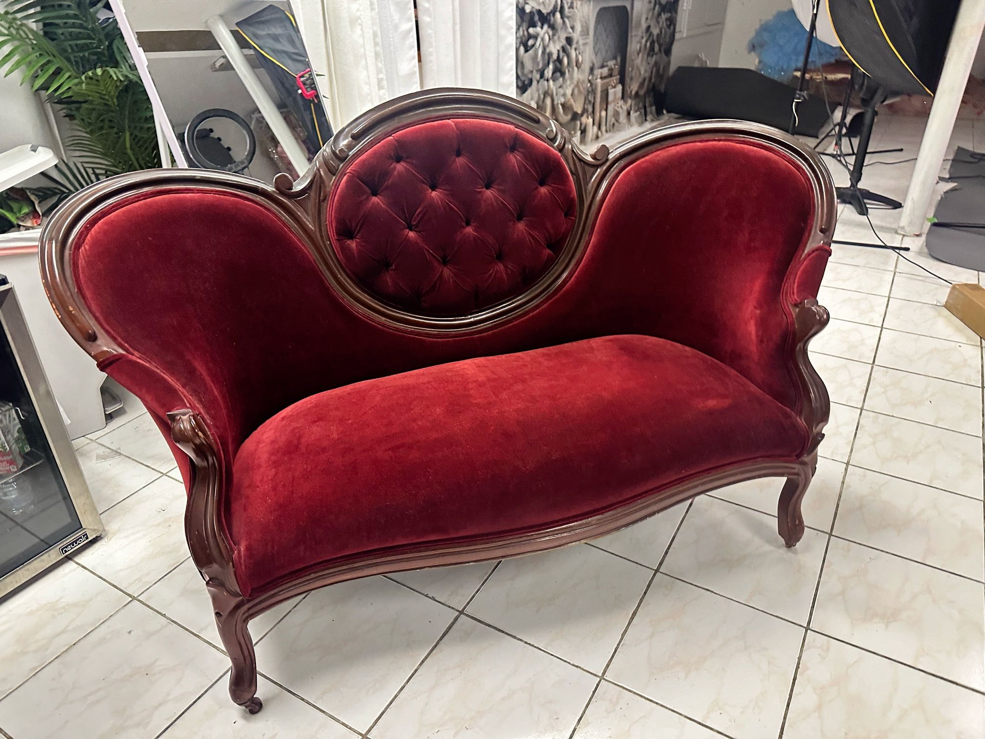Antique Victorian Red Velvet Loveseat