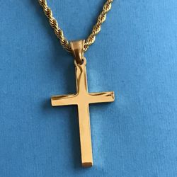Men’s Gold On Stainless Steel Cross Pendant with Rope Chain *Pickup Boca Raton