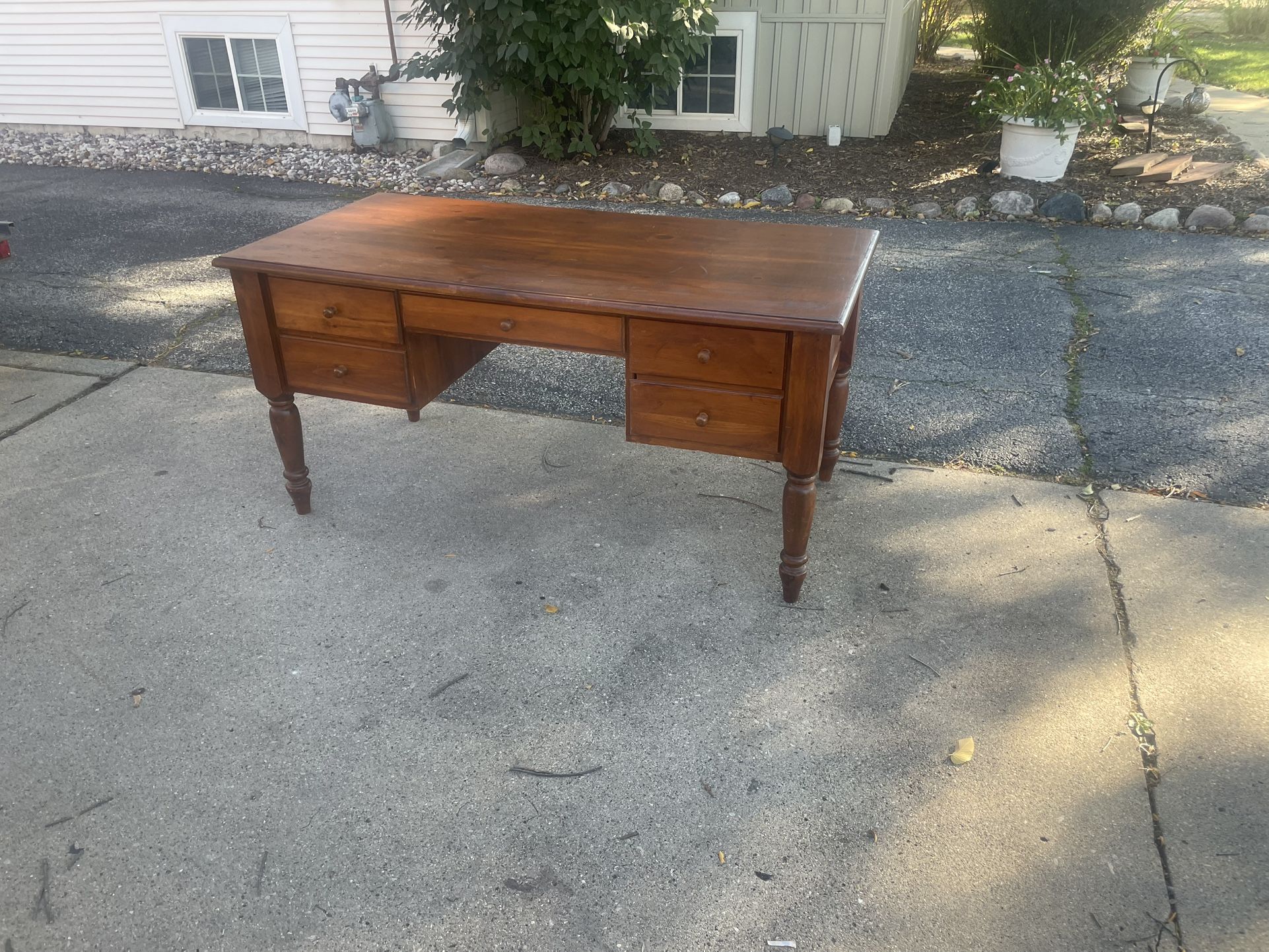 Vintage Wooden Desk, 5 Drawers, Wooden Padded Chair, 62 long, 32 deep, 30 high, solid, $110