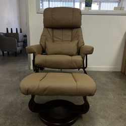 Recliner Chair & Ottoman w/ Massage and Lumbar Pillow, 360 Degree Swivel Wood Base, Faux Leather 9068