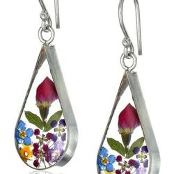 Sterling Silver Dried Flower in Acrylic Dangle Teardrop Hook Earrings Mexico