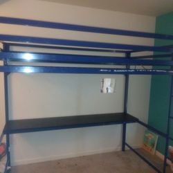Full Size Loft Bed Blue With Desk With Mattress 