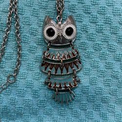 Vintage articulated, tiered OWL necklace on adjustable 20” chain. 3” Owl