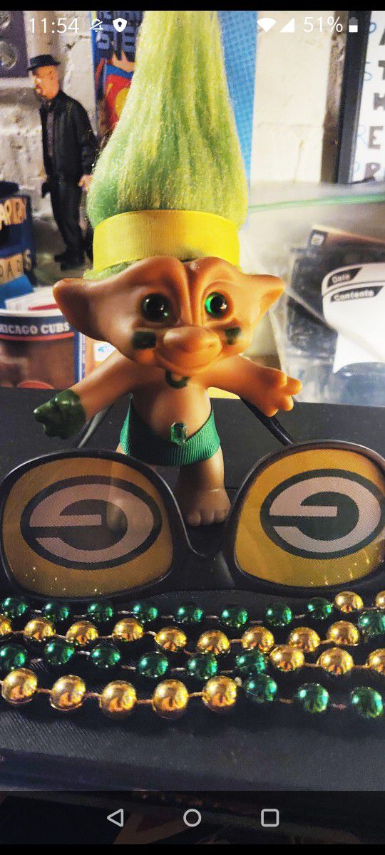 Green Bay Packers: Good Luck Troll (3" X 3" Hair) & Packer glasses & beads, Firm Ship Available W/PayPal, More Packer Items, Ask