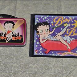 Vintage 1997 Betty Boop Metal Tin Lunch Box & Vintage 1998 Betty's Bubbly Tin Sign - Framed Decor