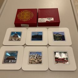 Coaster Set White with 3-D Chinese Scenes