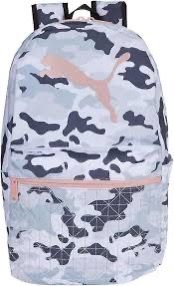 PUMA Evercat Rhythm backpack in a puma white and grey camouflage pattern with pink accents.