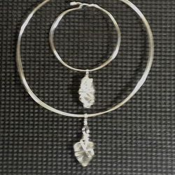 Double Banded Silver Choker With Crystal Glass Floating Pendant 