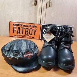 NEW Harley Davidson Women's 8 1/2 Black Leather Ankle Boots 81024 & Leather Cap Medium