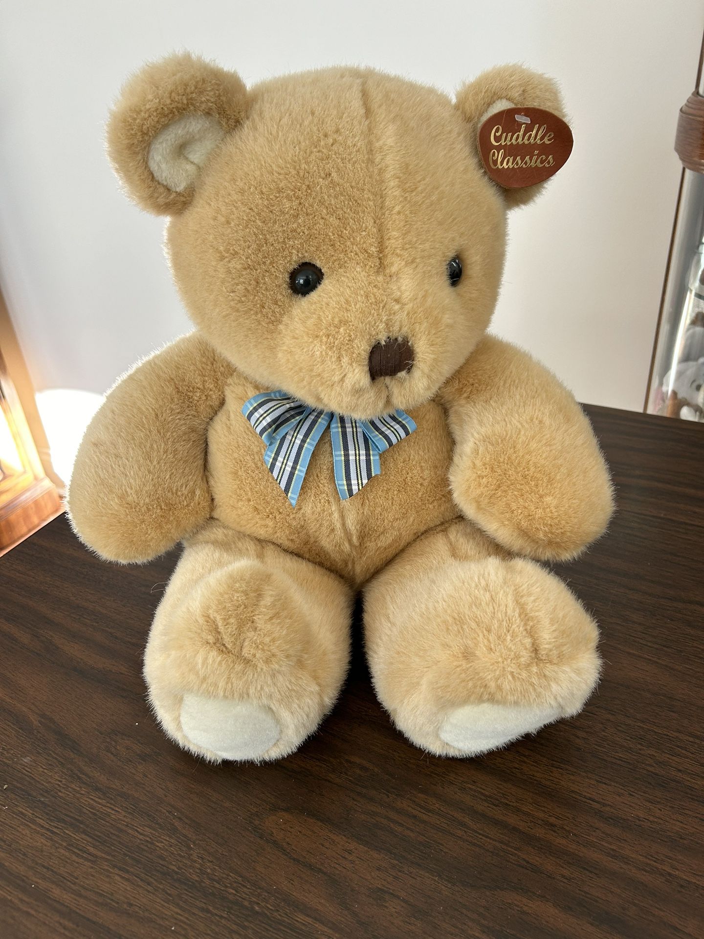 Commonwealth Cuddle Classic 18 Inch Brown Stuffed Teddy Bear With Plaid Blue Gray Ribbon