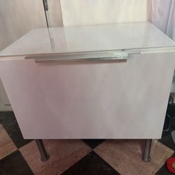 Modern White Accent Table  With  Large  Drawer & Tempered Glass Top Chrome Accent Handle And Legs