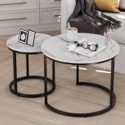 Modern Nesting Coffee Table Set, End Table for Living Room,  23.6" W, White, Marble Pattern