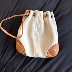 Coach Beige Whiskey Brown Leather Trim Drawstring Pouch Wristlet Bag Small