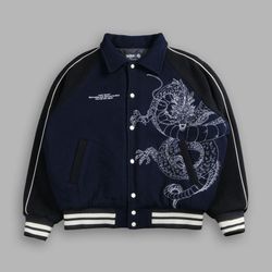 OUR WISH V2 DragonBall Z Shenron LETTERMAN JACKET IN NAVY/BLACK