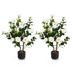 Camellia Tree Faux Flower Plant in Cement Pot 2 Pack-White - Color: White
