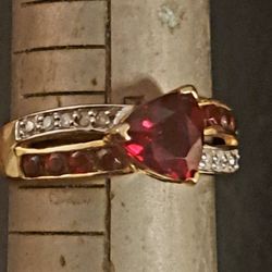 10k Gold Red Garnet Trilliant and Diamond Ring  -  Size 7