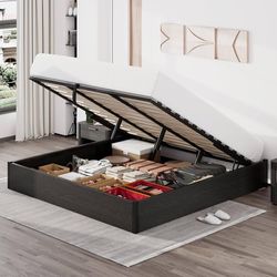 Queen Size Bed Frame with Lift Up Storage, Black No Box Spring Needed, Hidden Storage for Organization, Sturdy Metal Frame, Modern and Farmhouse style
