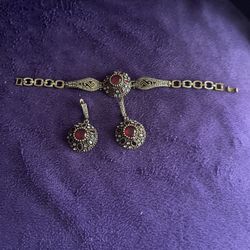 Vintage Bracelet and Earrings Jewelry Set Red Glass Stones Gold Tone Metal Marcasite Style Classic Statement Jewelry Gift