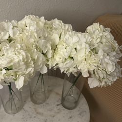 3 Beautiful Glass Vases W White Flowers 