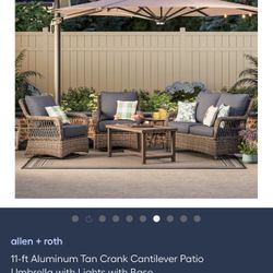 Allen Roth 11 Ft. Aluminum Tan Crank Cantilever Patio Umbrella With Lights With Base 