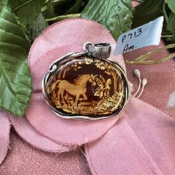 Genuine Amber HandCarved Fairy-Unicorn Pendant In Sterling Silver