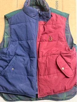 Bugle Boy Reversible Plaid Green Burgundy Jacket Puffer Vest Men’s L Preppy