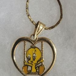 Tweety Bird Heart Swing 14K Gold Pendant Vintage